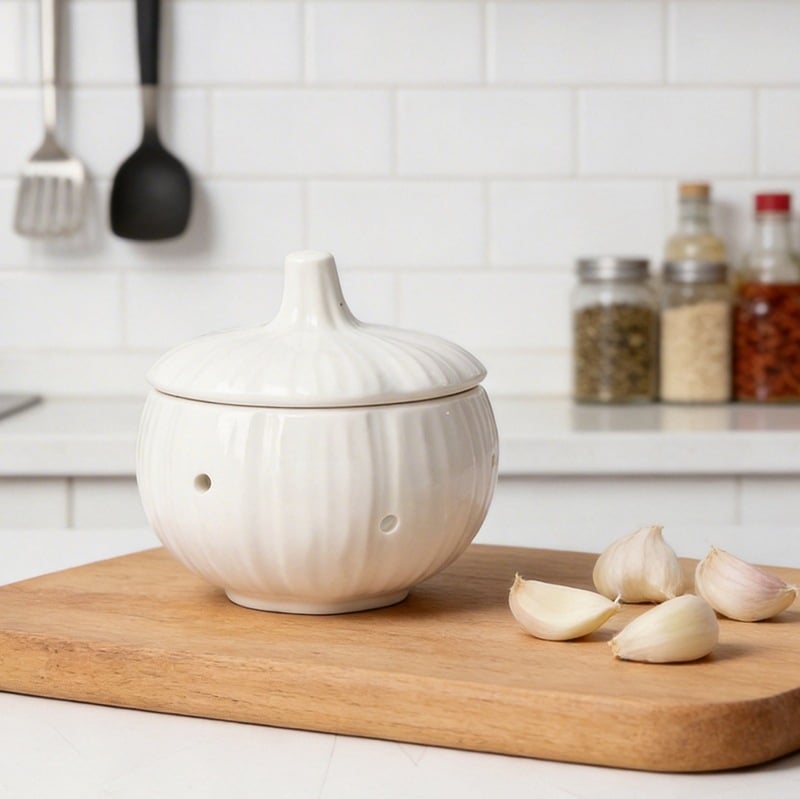 Vas ceramic pentru depozitare usturoi, recipient de bucătărie cu design creativ și capac, rezistent la umezeală