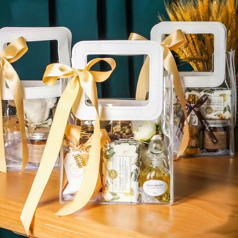 Geantă de cadouri din PVC transparent, geantă de mână pentru cadouri de ziua de naștere, ambalaj plastic cu logo personalizat, stil festiv