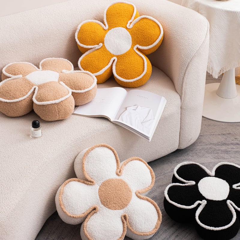 Pernă cremă cu petale de floarea soarelui, pentru canapea și sufragerie, stil tatami