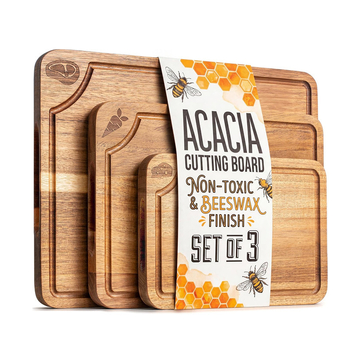 Set de trei tocătoare din lemn de acacia pentru uz casnic, cu canal pentru suc, plăci de tăiat din lemn – design creativ.