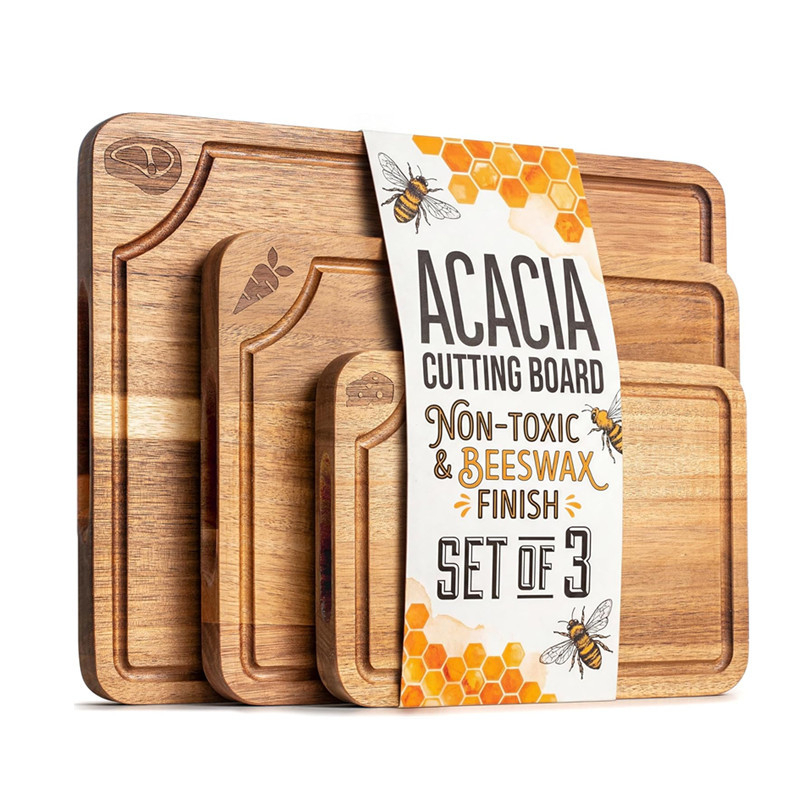 Set de trei tocătoare din lemn de acacia pentru uz casnic, cu canal pentru suc, plăci de tăiat din lemn – design creativ.
