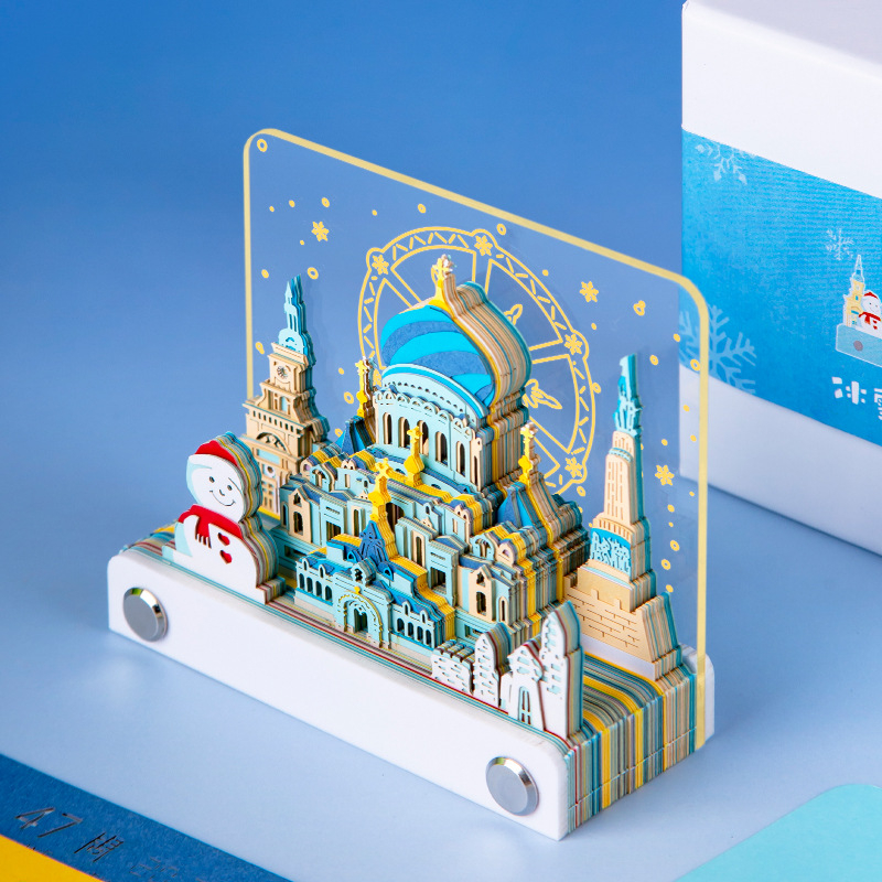 Calendar 3D din hârtie, în formă de clădire – pagini de rupere manuală, într-o cutie cadou