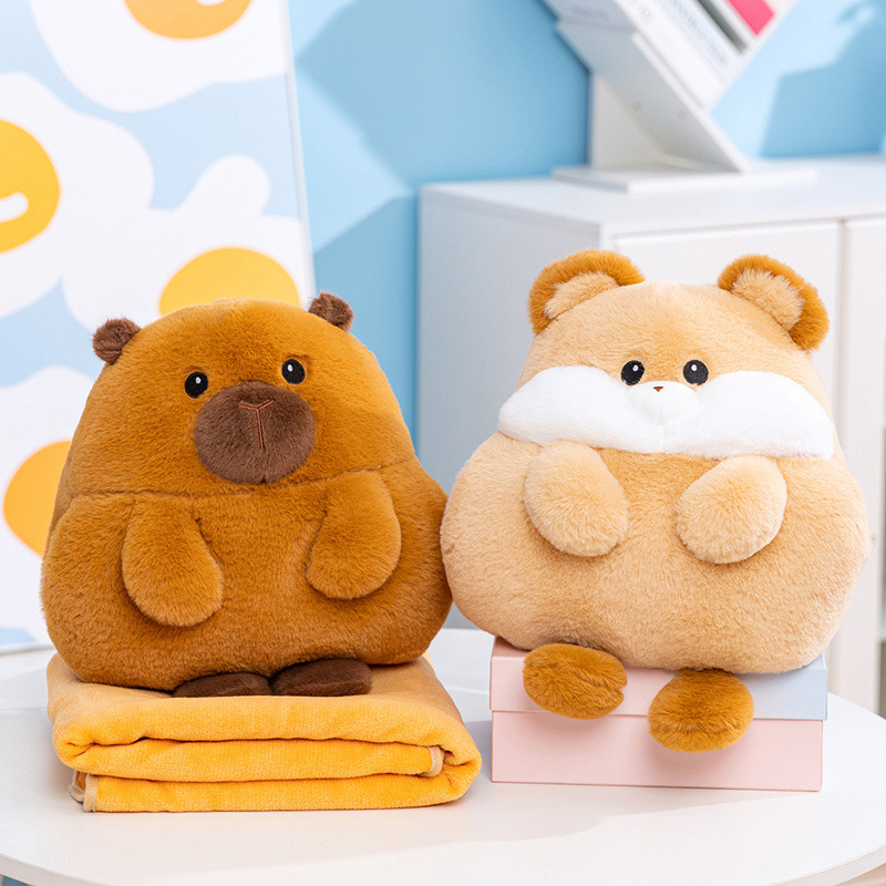 Pernă pluș cu capibara, hamster și pinguin, cu pătură — 3 în 1 pentru birou și acasă, pernă de odihnă și încălzitor de mâini, păpușă decorativă