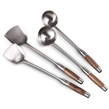 Spatulă de bucătărie din oțel inoxidabil, cu mâner din lemn, mâner lung, vârf îngroșat, durabilă