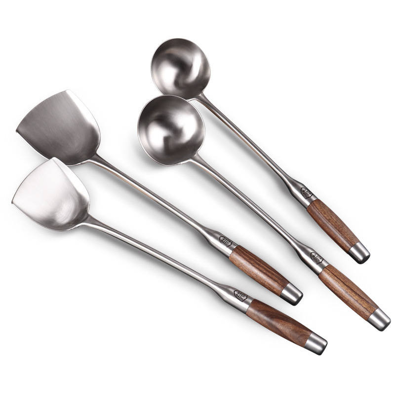 Spatulă de bucătărie din oțel inoxidabil, cu mâner din lemn, mâner lung, vârf îngroșat, durabilă