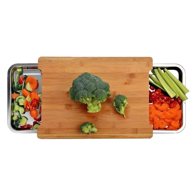 Placă de tăiere din bambus cu sertar, suprafață multifuncțională pentru legume și ingrediente, placă pentru fructe și pâine, tavă pentru brânzeturi