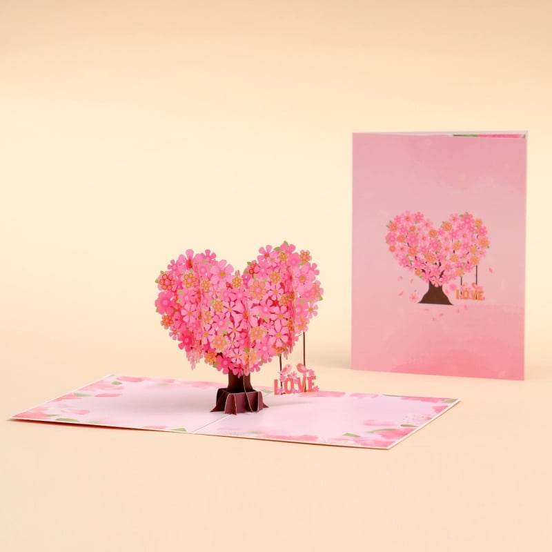 Felicitare 3D romantică cu flori de cireș și inimă, tăiere manuală din hârtie