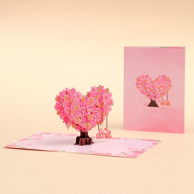 Felicitare 3D romantică cu flori de cireș și inimă, tăiere manuală din hârtie