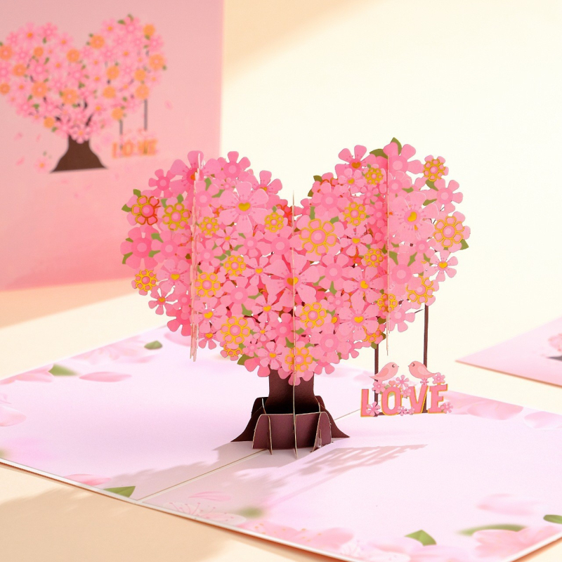 Felicitare 3D romantică cu flori de cireș și inimă, tăiere manuală din hârtie