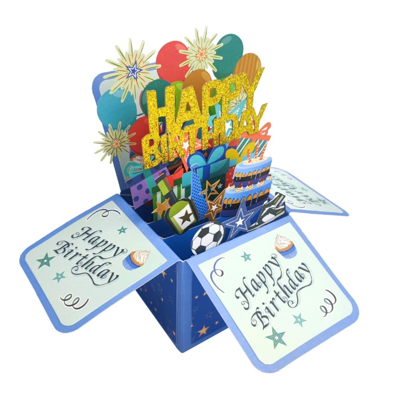 Felicitare de ziua de naștere cu pop-up 3D, albastră, glitter premium
