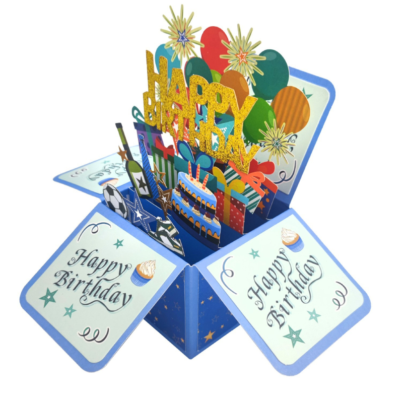 Felicitare de ziua de naștere cu pop-up 3D, albastră, glitter premium