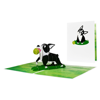 Felicitare 3D pentru animale, cu Boston Terrier, decupaj din hârtie, realizată manual