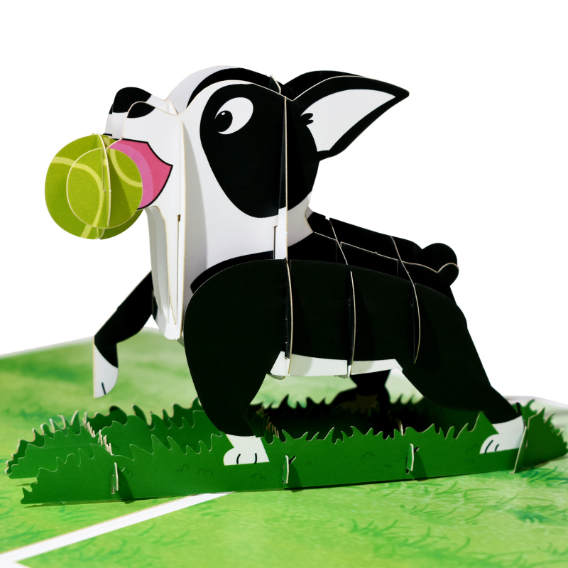 Felicitare 3D pentru animale, cu Boston Terrier, decupaj din hârtie, realizată manual