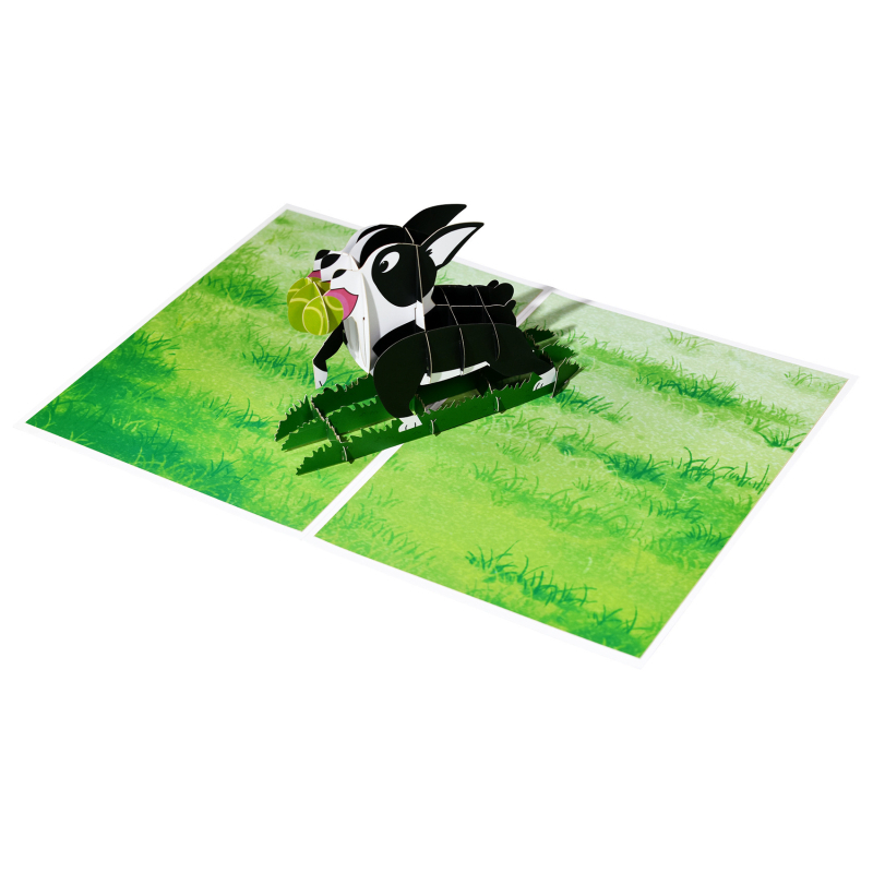 Felicitare 3D pentru animale, cu Boston Terrier, decupaj din hârtie, realizată manual