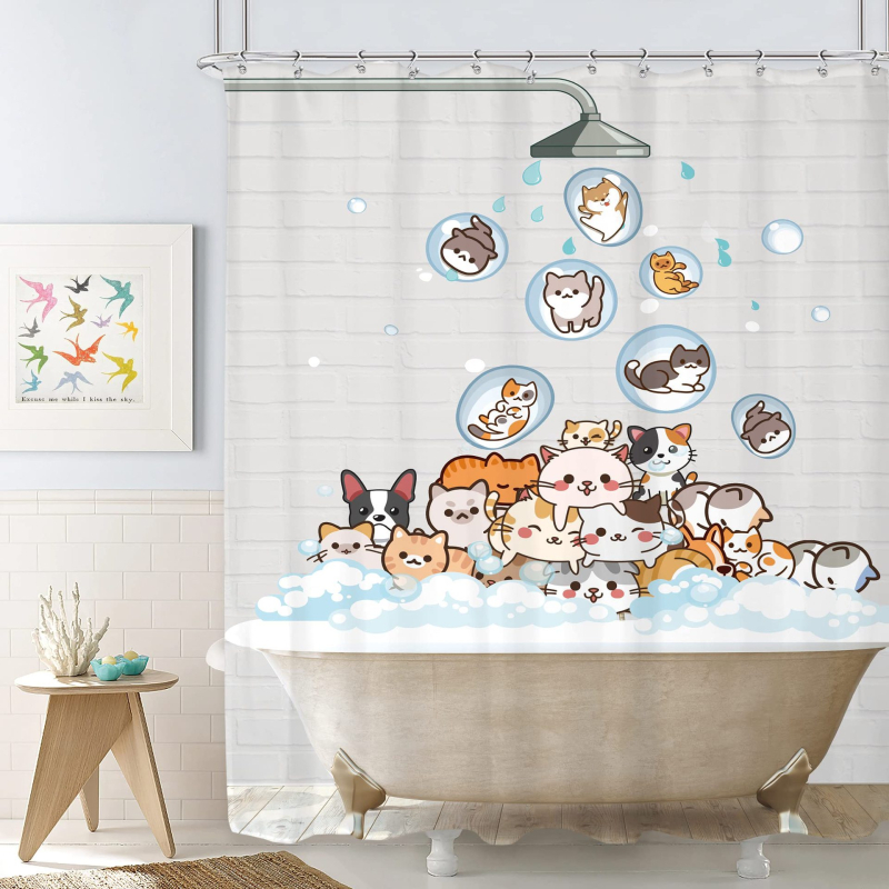 Cortină de duș cu model de pisică desene animate pentru baie — imprimare digitală, impermeabilă și rezistentă la mucegai, separator pentru baie
