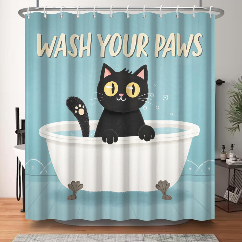 Cortină de duș cu model de pisică desene animate pentru baie — imprimare digitală, impermeabilă și rezistentă la mucegai, separator pentru baie