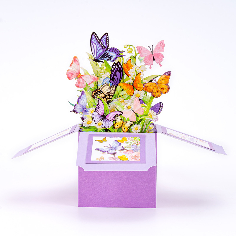 Felicitare cu fluturi, 3D pop-up cu scris de mână, muzică și lumini, în ambalaj cutie cadou – card premium pentru Ziua Femeii