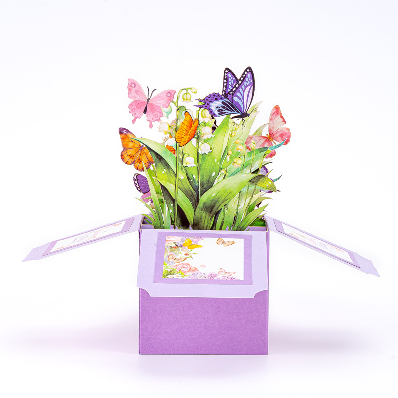 Felicitare cu fluturi, 3D pop-up cu scris de mână, muzică și lumini, în ambalaj cutie cadou – card premium pentru Ziua Femeii