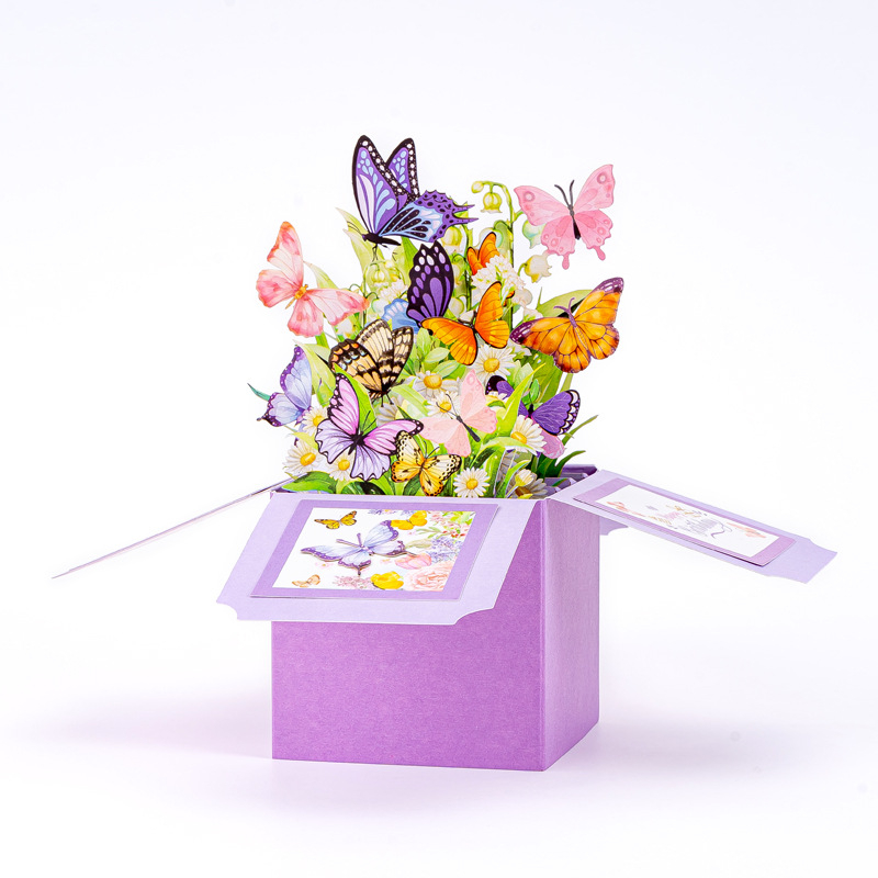 Felicitare cu fluturi, 3D pop-up cu scris de mână, muzică și lumini, în ambalaj cutie cadou – card premium pentru Ziua Femeii