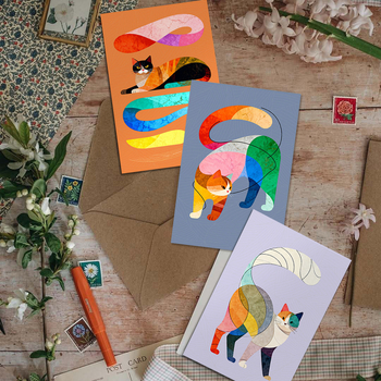 Set de felicitări cu artă abstractă modernă – pisică curcubeu, cu plic