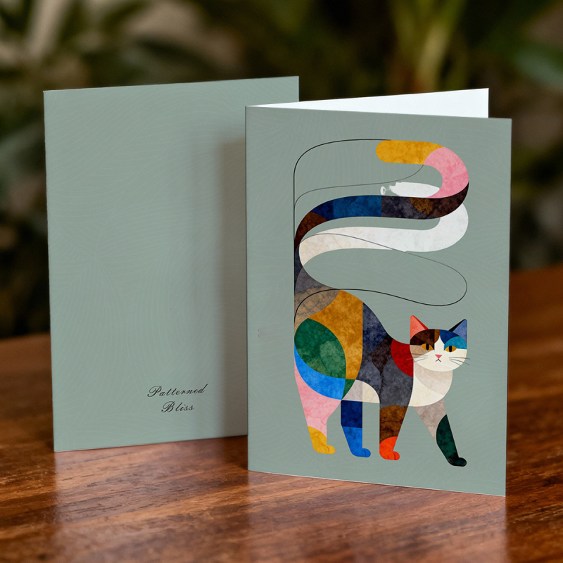 Set de felicitări cu artă abstractă modernă – pisică curcubeu, cu plic