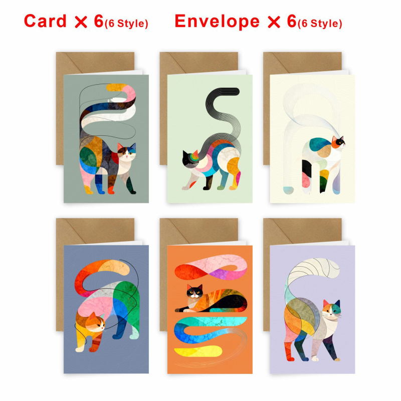 Set de felicitări cu artă abstractă modernă – pisică curcubeu, cu plic