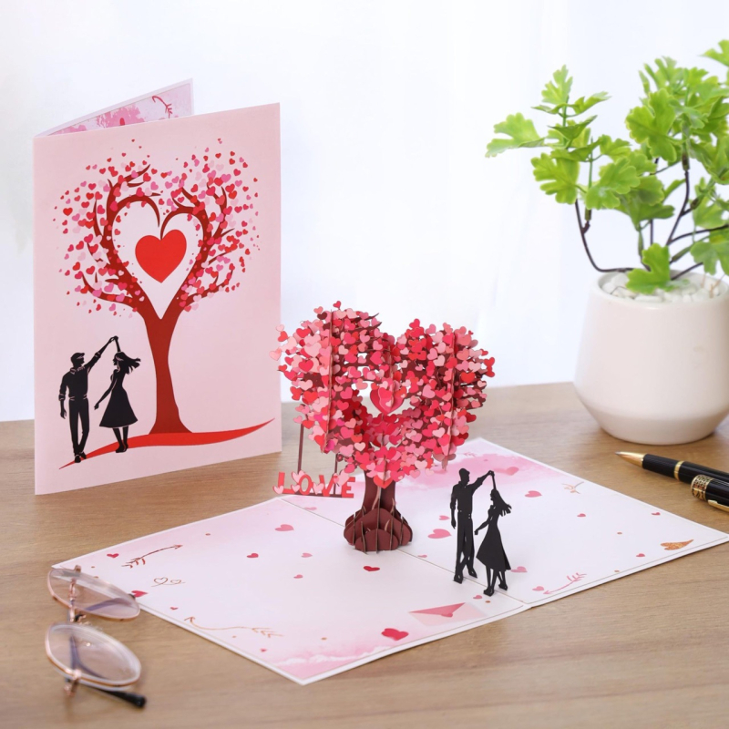 Card de felicitare cu copac în formă de inimă pentru Valentine's Day, iluminat și muzică, pop-up 3D pentru cupluri, invitație de nuntă