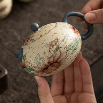 Ceainic ceramic Xishi, albastru-alb cu glazură roșu antic, stil retro Gongfu ceai