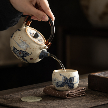 Ceainic ceramic Xishi, albastru-alb cu glazură roșu antic, stil retro Gongfu ceai