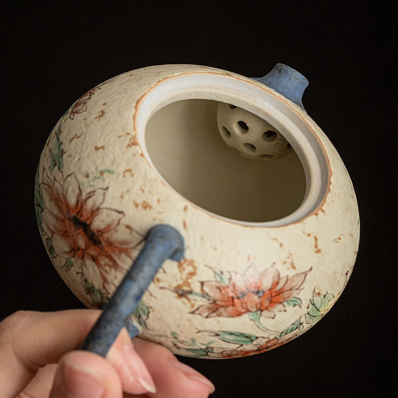 Ceainic ceramic Xishi, albastru-alb cu glazură roșu antic, stil retro Gongfu ceai