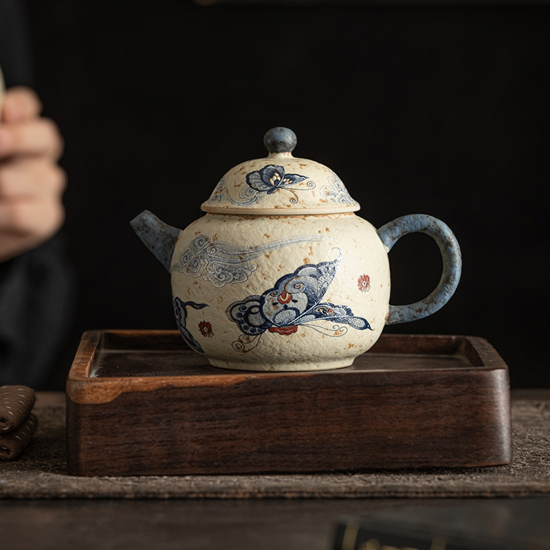 Ceainic ceramic Xishi, albastru-alb cu glazură roșu antic, stil retro Gongfu ceai
