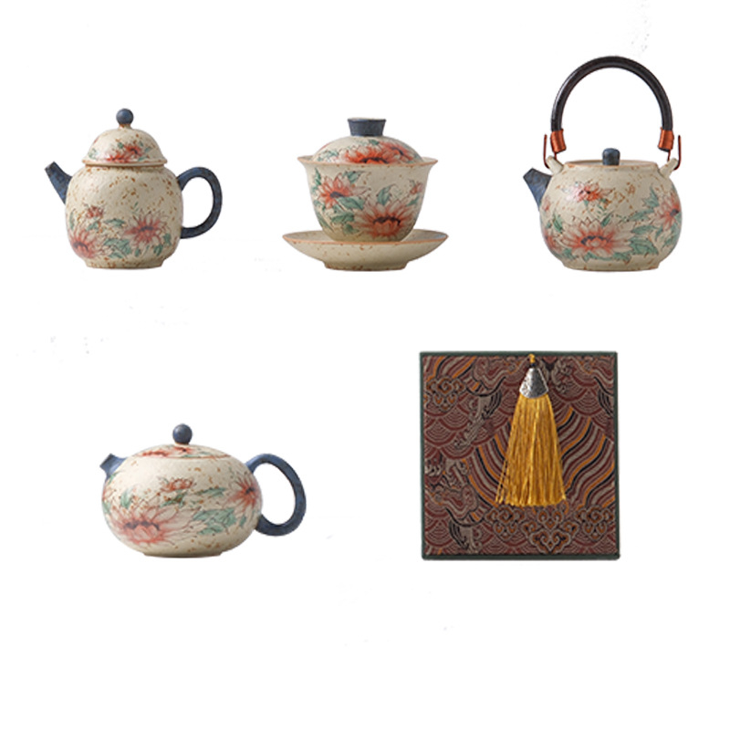 Ceainic ceramic Xishi, albastru-alb cu glazură roșu antic, stil retro Gongfu ceai