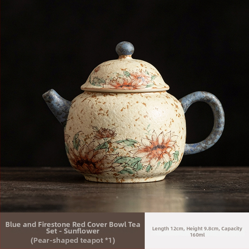 Ceainic ceramic Xishi, albastru-alb cu glazură roșu antic, stil retro Gongfu ceai