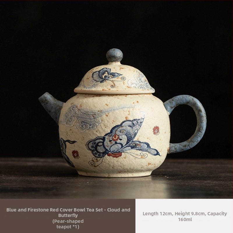 Ceainic ceramic Xishi, albastru-alb cu glazură roșu antic, stil retro Gongfu ceai