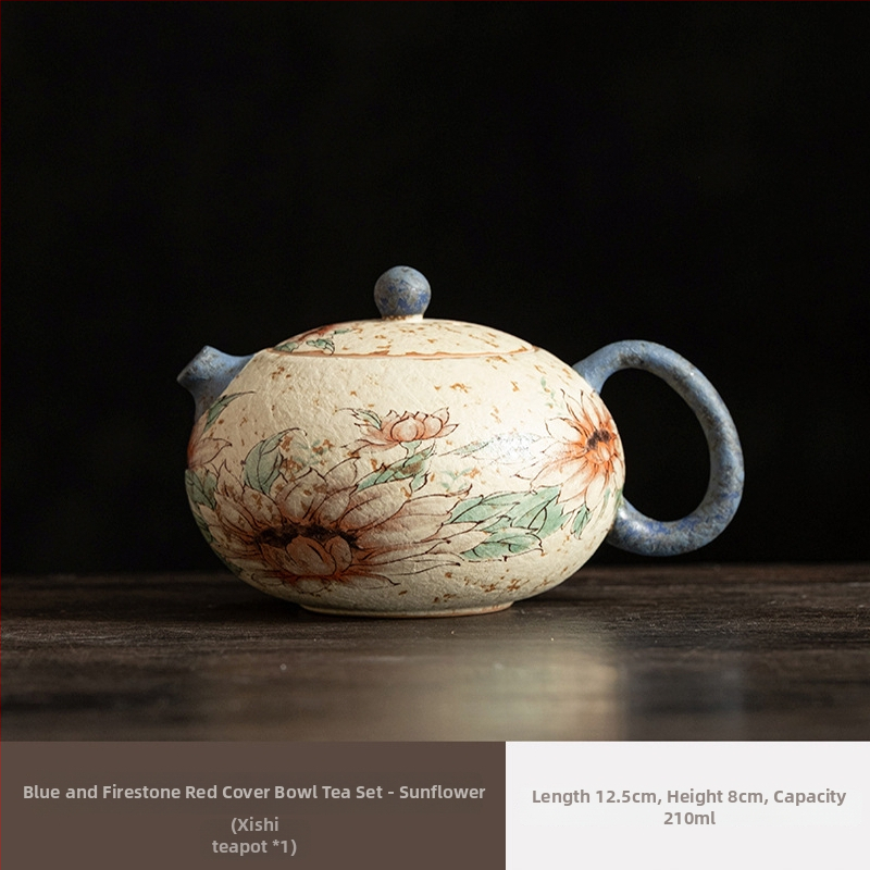 Ceainic ceramic Xishi, albastru-alb cu glazură roșu antic, stil retro Gongfu ceai