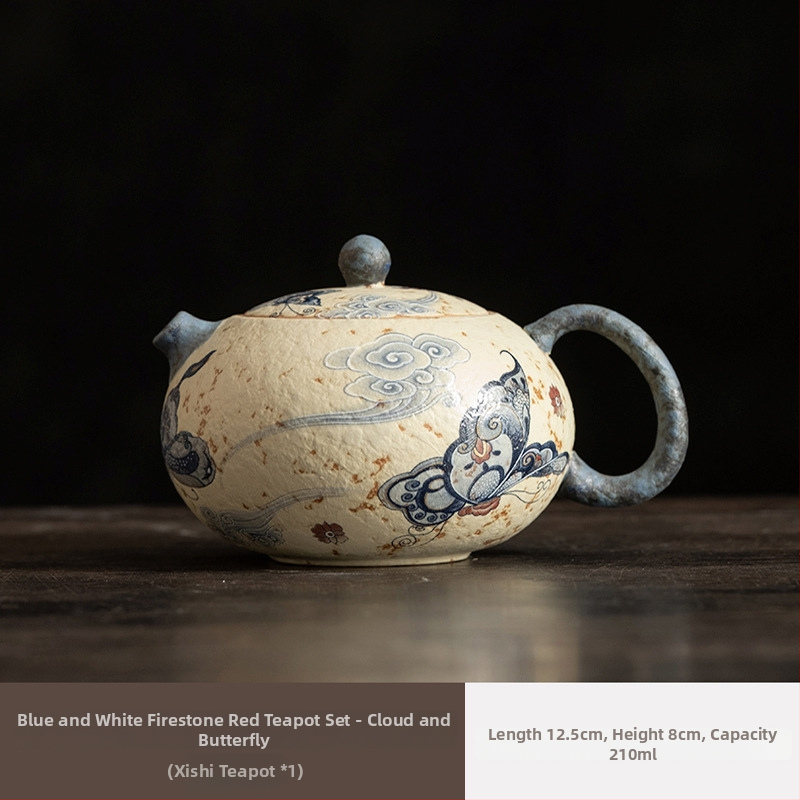 Ceainic ceramic Xishi, albastru-alb cu glazură roșu antic, stil retro Gongfu ceai
