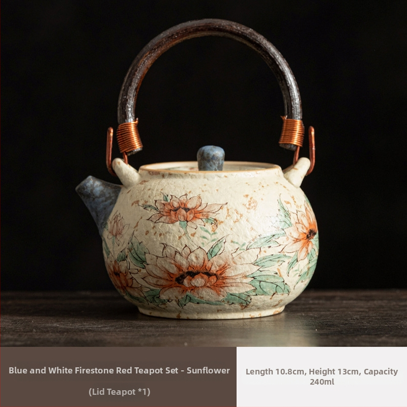 Ceainic ceramic Xishi, albastru-alb cu glazură roșu antic, stil retro Gongfu ceai