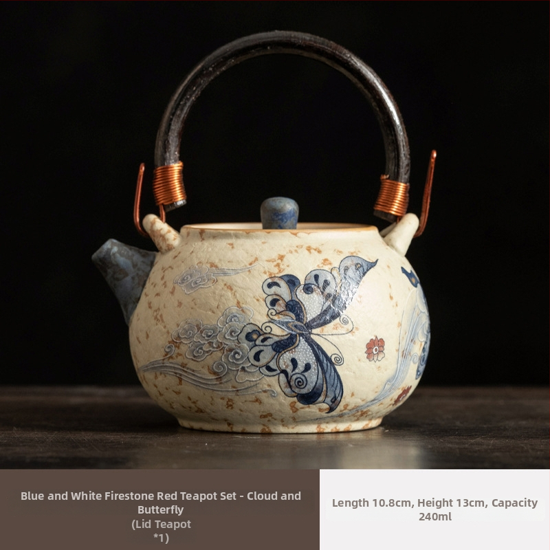 Ceainic ceramic Xishi, albastru-alb cu glazură roșu antic, stil retro Gongfu ceai