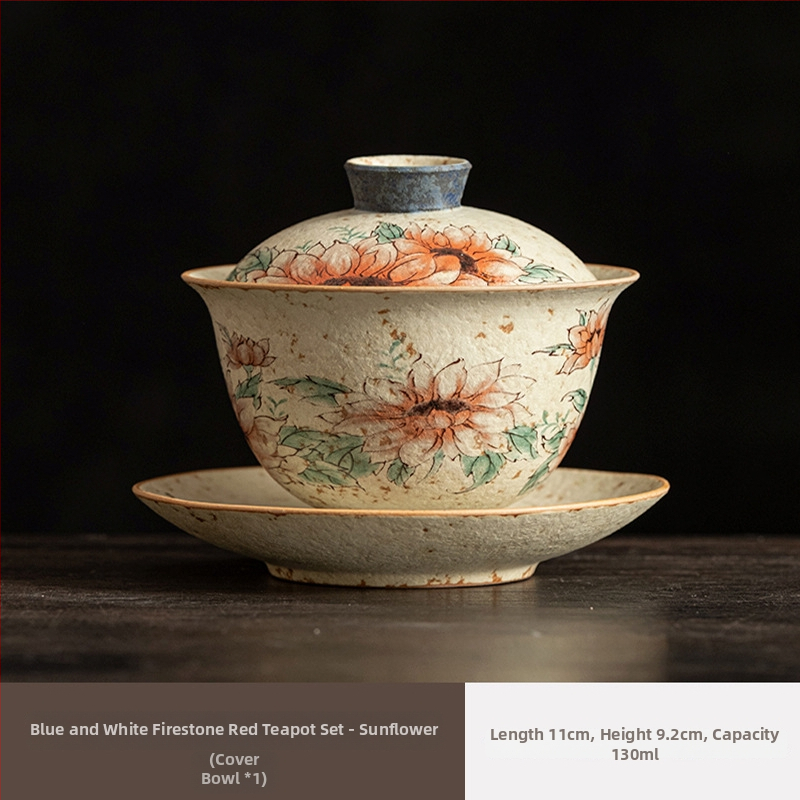 Ceainic ceramic Xishi, albastru-alb cu glazură roșu antic, stil retro Gongfu ceai