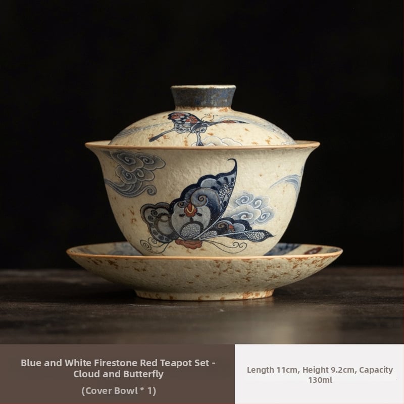 Ceainic ceramic Xishi, albastru-alb cu glazură roșu antic, stil retro Gongfu ceai