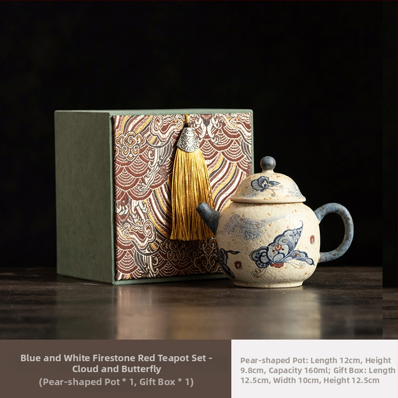 Ceainic ceramic Xishi, albastru-alb cu glazură roșu antic, stil retro Gongfu ceai