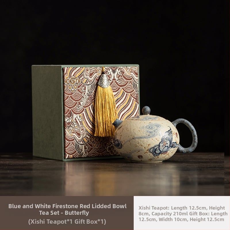 Ceainic ceramic Xishi, albastru-alb cu glazură roșu antic, stil retro Gongfu ceai