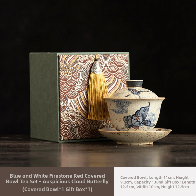 Ceainic ceramic Xishi, albastru-alb cu glazură roșu antic, stil retro Gongfu ceai