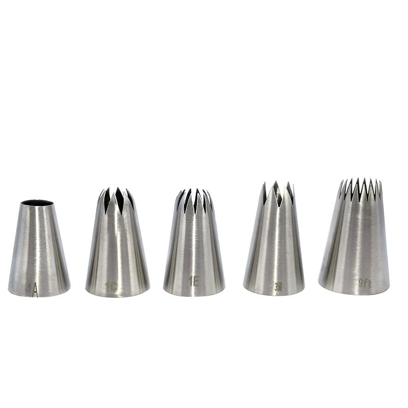 Set din oțel inoxidabil, 5 piese, pentru decorarea cupcakeurilor, cu vârfuri 1A, 1E, 1C, 356 și 9FT
