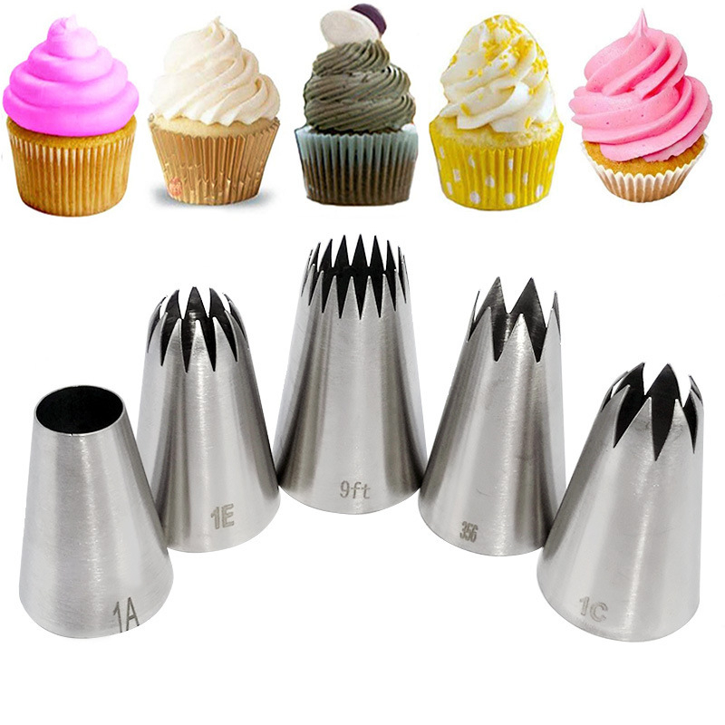 Set din oțel inoxidabil, 5 piese, pentru decorarea cupcakeurilor, cu vârfuri 1A, 1E, 1C, 356 și 9FT