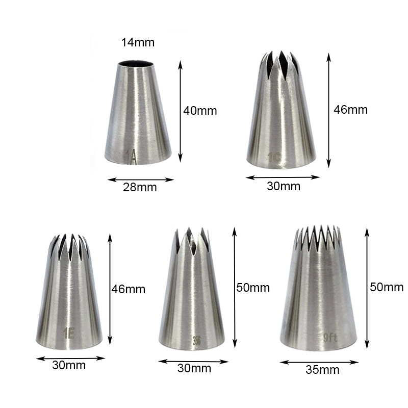 Set din oțel inoxidabil, 5 piese, pentru decorarea cupcakeurilor, cu vârfuri 1A, 1E, 1C, 356 și 9FT
