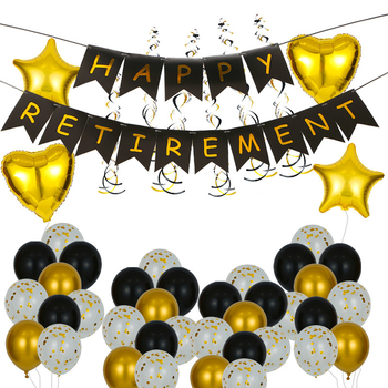 Diademă de petrecere pentru pensionare cu baloane litere negre-aurii RETIREMENT — decor Happy Retirement (12/18 inch)