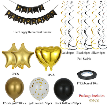 Diademă de petrecere pentru pensionare cu baloane litere negre-aurii RETIREMENT — decor Happy Retirement (12/18 inch)
