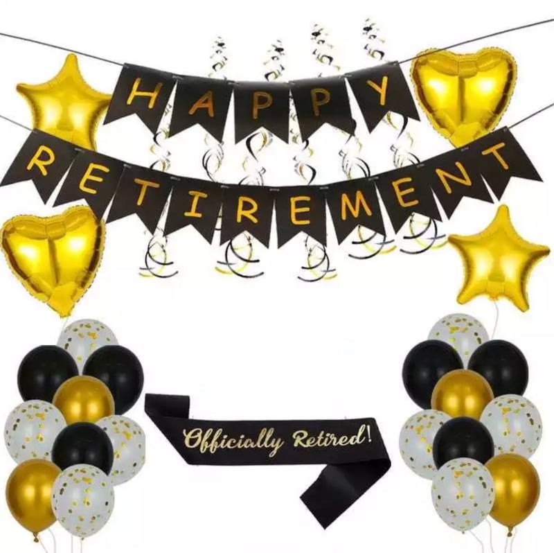 Diademă de petrecere pentru pensionare cu baloane litere negre-aurii RETIREMENT — decor Happy Retirement (12/18 inch)