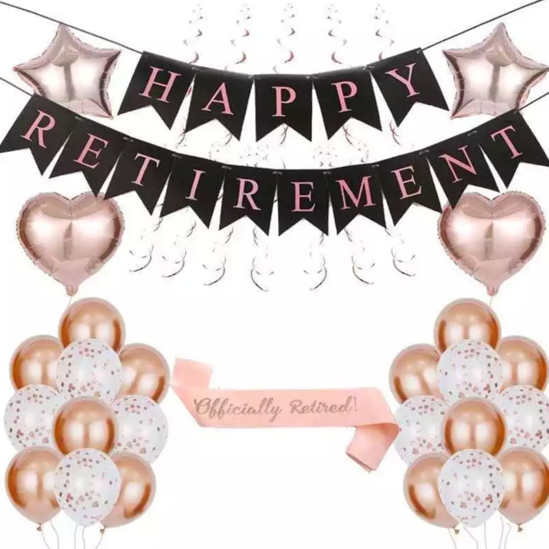 Diademă de petrecere pentru pensionare cu baloane litere negre-aurii RETIREMENT — decor Happy Retirement (12/18 inch)
